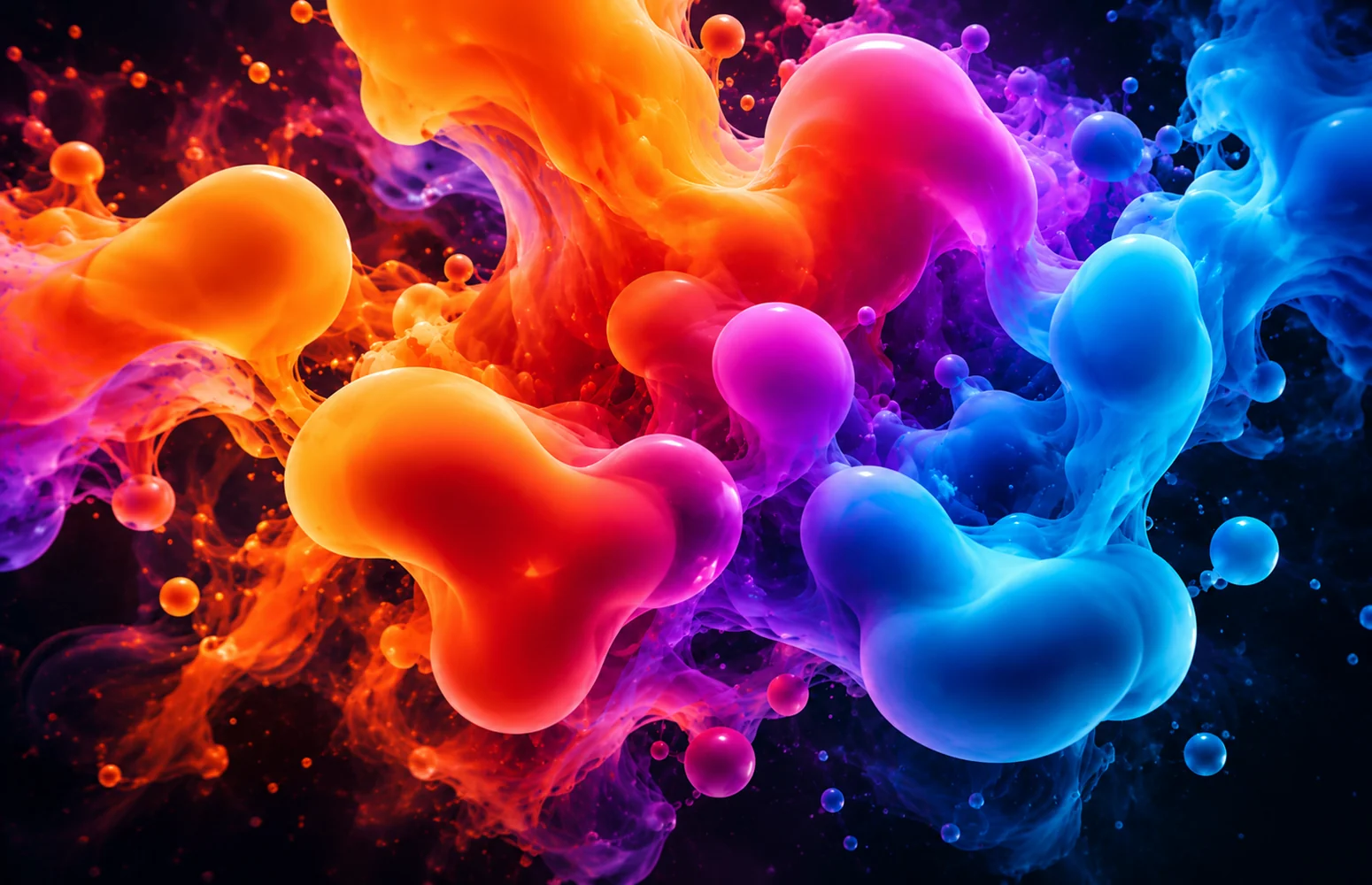 Vibrant orange ink clouds mixing with blue, violet and magenta plumes against a dark background