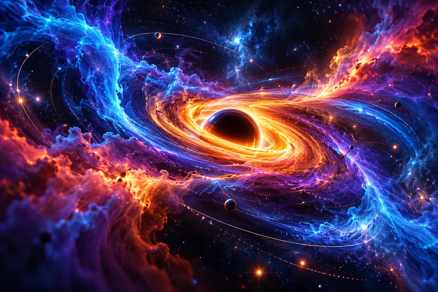 Vivid artistic black hole with an orange accretion vortex, surrounded by luminous blue, cyan and violet clouds